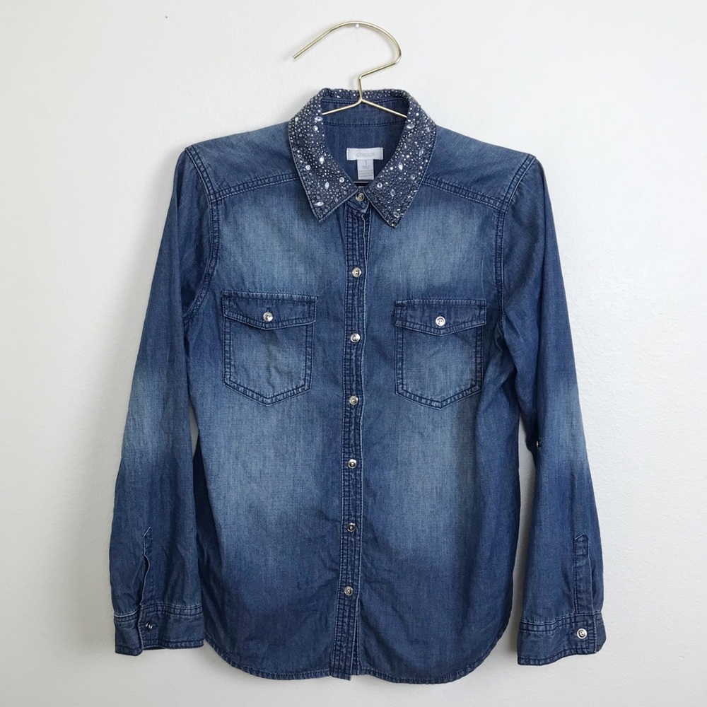 Chico’s Rhinestone Denim Button Down- Sz 1